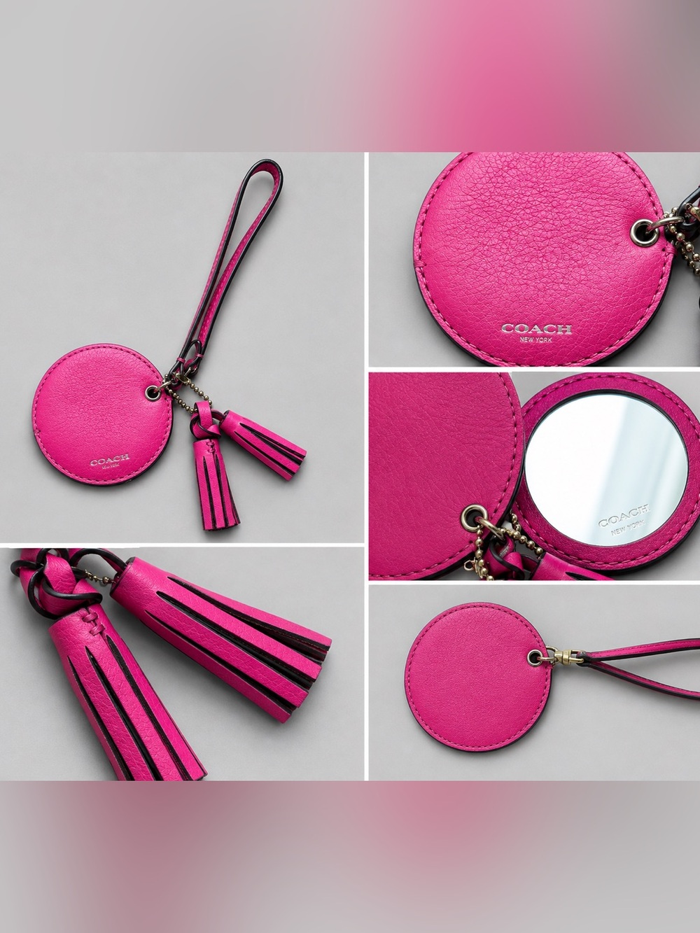 Coach Hot Pink Leather Tassel Mirror Wristlet Charm